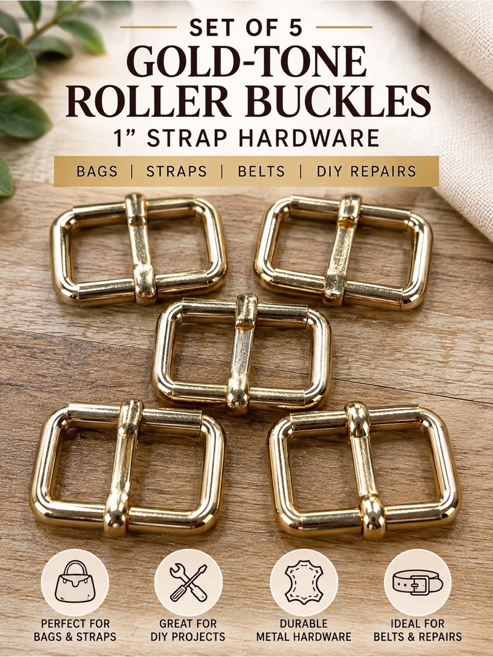 5 Gold Tone 1” Roller Buckles Purse Bag Strap Belt Hardware DIY Repair